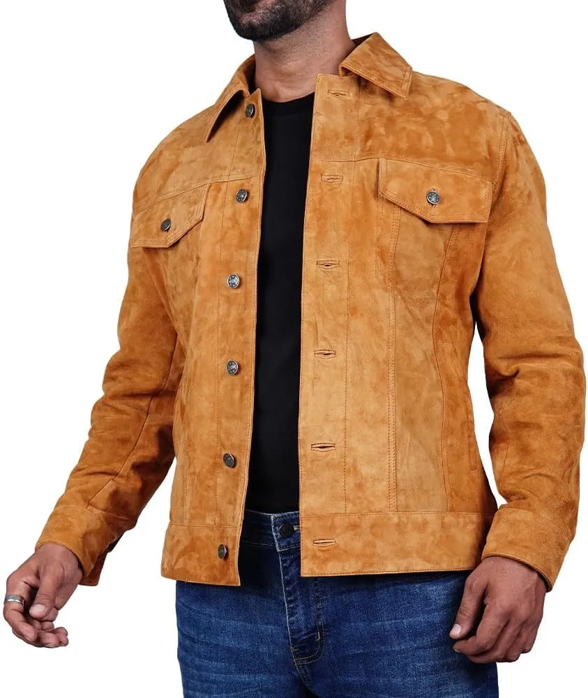 Mens Trucker Suede Leather Jacket Western Style Cowboy Suede Leather Jacket for Mens