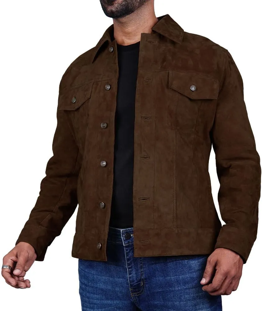 Mens Trucker Suede Leather Jacket Western Style Cowboy Suede Leather Jacket for Mens