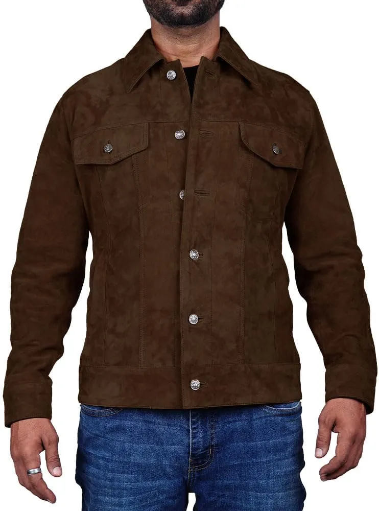 Mens Trucker Suede Leather Jacket Western Style Cowboy Suede Leather Jacket for Mens