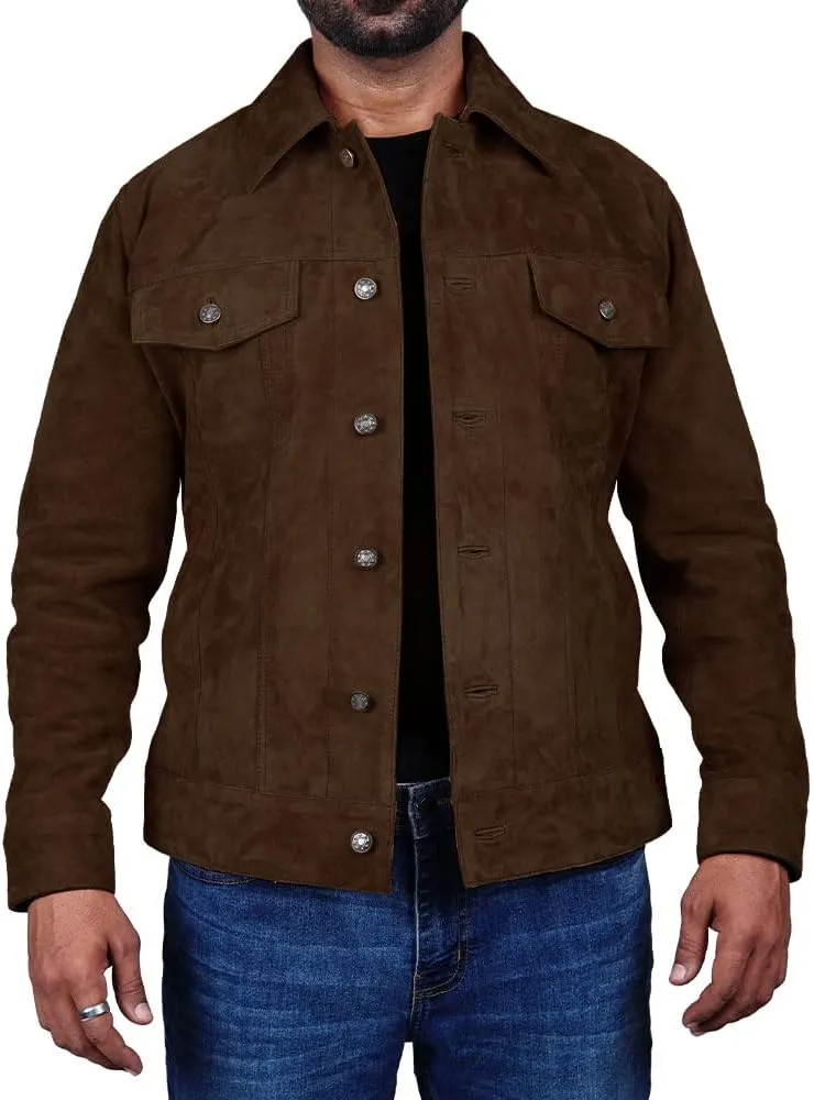 Mens Trucker Suede Leather Jacket Western Style Cowboy Suede Leather Jacket for Mens