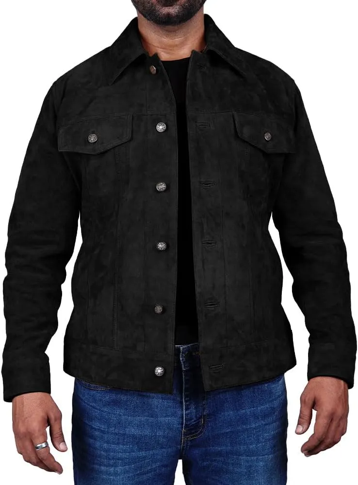 Mens Trucker Suede Leather Jacket Western Style Cowboy Suede Leather Jacket for Mens