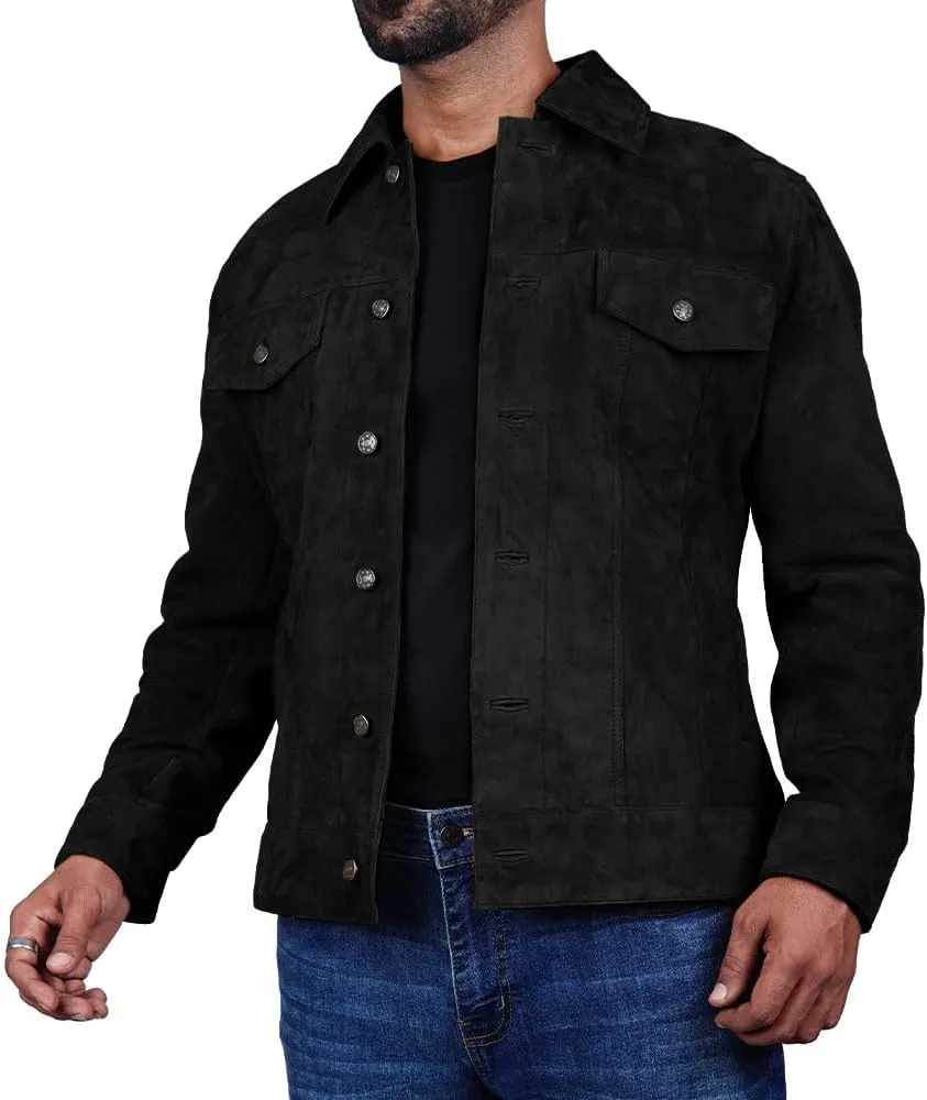 Mens Trucker Suede Leather Jacket Western Style Cowboy Suede Leather Jacket for Mens