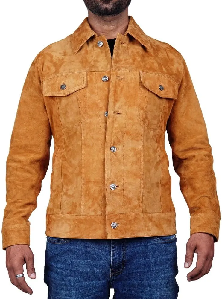 Mens Trucker Suede Leather Jacket Western Style Cowboy Suede Leather Jacket for Mens