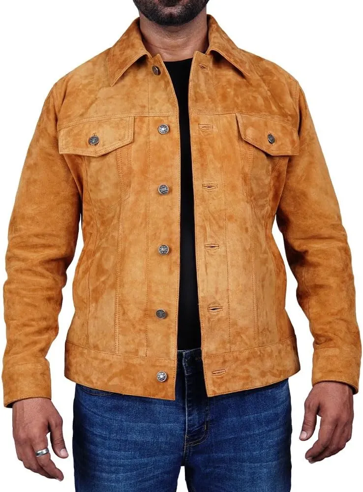 Mens Trucker Suede Leather Jacket Western Style Cowboy Suede Leather Jacket for Mens