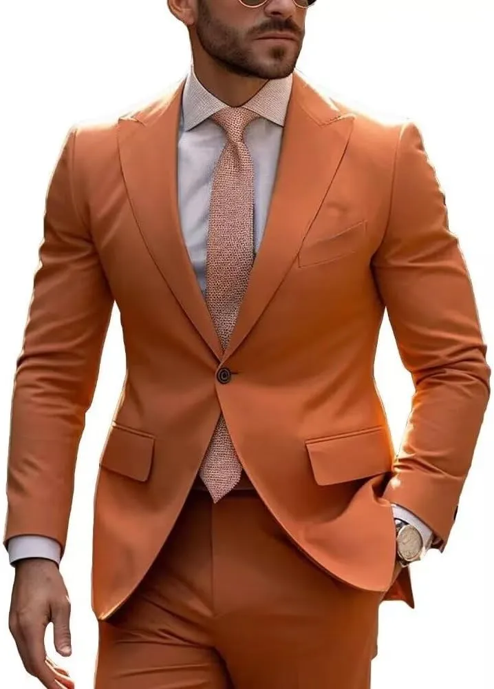 Men's Wedding 2 Piece Suits Regular Fit Suit for Men Peak Lapel Blazer Pants Suit Set Groom Prom Suits