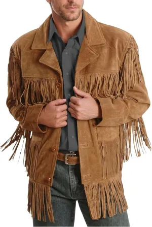 Mens Western Suede Fringe Jacket  Native-Inspired Cowboy Coat, Genuine Leather, Button Closure Black & Cognac