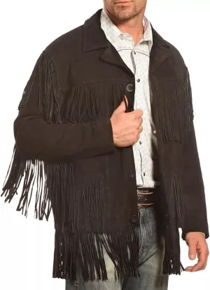 Mens Western Suede Fringe Jacket  Native-Inspired Cowboy Coat, Genuine Leather, Button Closure Black & Cognac