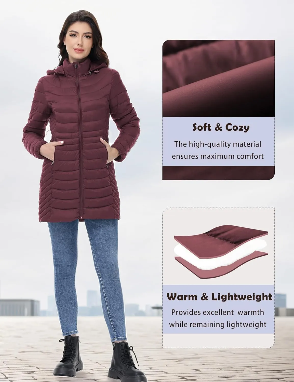 MIDNIGHTSUN Womens Packable Puffer Jacket Lightweight Puffer Coat Mid-length Hooded Warm Winter Puffy Jacket