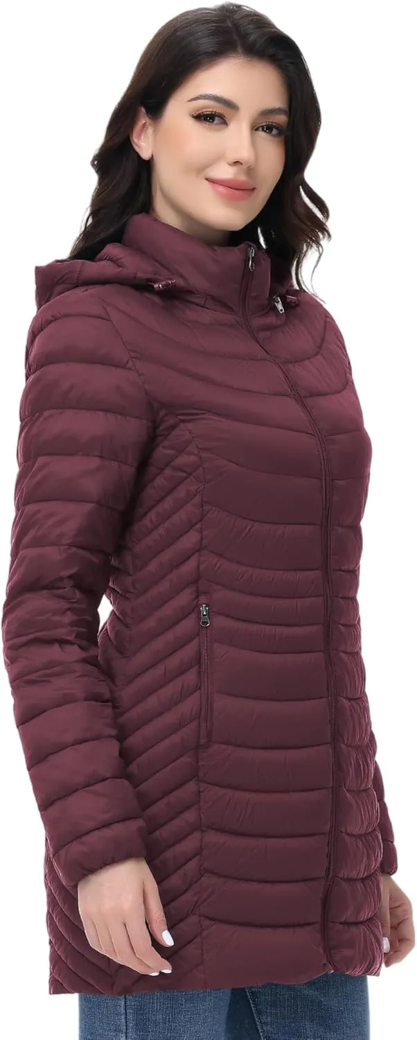 MIDNIGHTSUN Womens Packable Puffer Jacket Lightweight Puffer Coat Mid-length Hooded Warm Winter Puffy Jacket