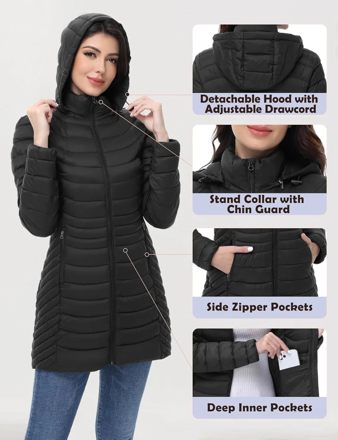 MIDNIGHTSUN Womens Packable Puffer Jacket Lightweight Puffer Coat Mid-length Hooded Warm Winter Puffy Jacket
