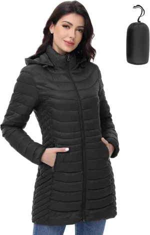 MIDNIGHTSUN Womens Packable Puffer Jacket Lightweight Puffer Coat Mid-length Hooded Warm Winter Puffy Jacket