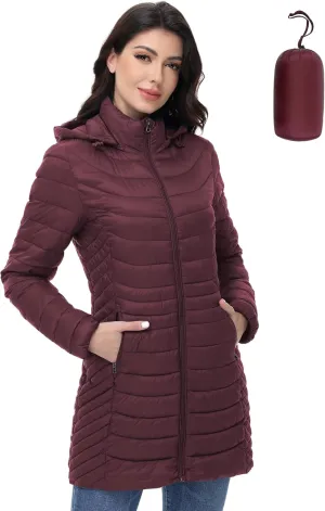 MIDNIGHTSUN Womens Packable Puffer Jacket Lightweight Puffer Coat Mid-length Hooded Warm Winter Puffy Jacket