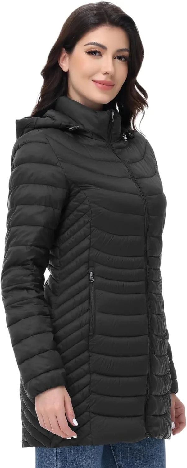 MIDNIGHTSUN Womens Packable Puffer Jacket Lightweight Puffer Coat Mid-length Hooded Warm Winter Puffy Jacket