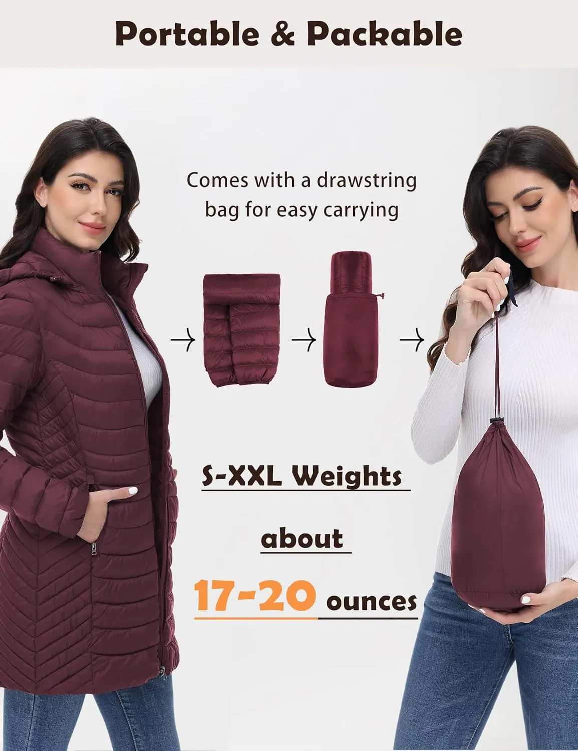 MIDNIGHTSUN Womens Packable Puffer Jacket Lightweight Puffer Coat Mid-length Hooded Warm Winter Puffy Jacket