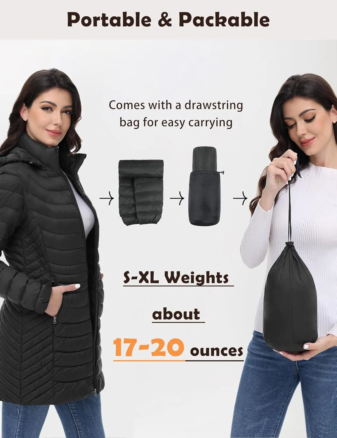 MIDNIGHTSUN Womens Packable Puffer Jacket Lightweight Puffer Coat Mid-length Hooded Warm Winter Puffy Jacket