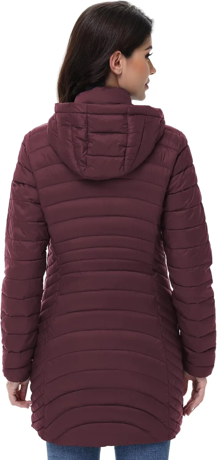 MIDNIGHTSUN Womens Packable Puffer Jacket Lightweight Puffer Coat Mid-length Hooded Warm Winter Puffy Jacket