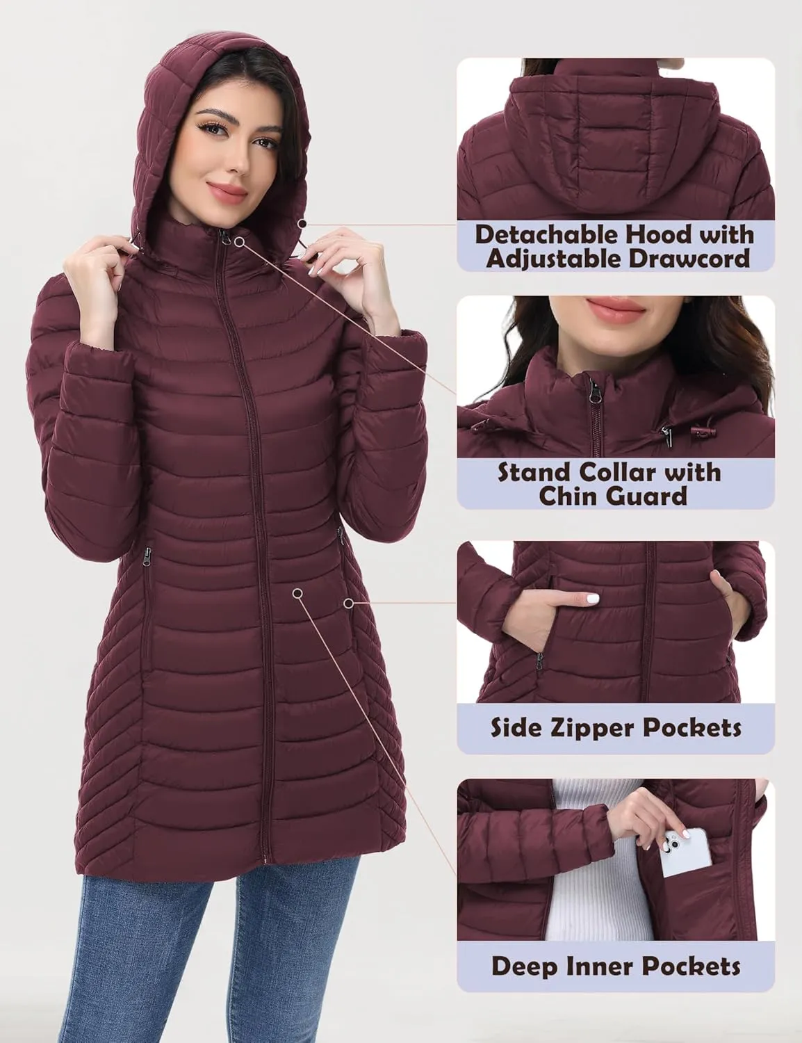 MIDNIGHTSUN Womens Packable Puffer Jacket Lightweight Puffer Coat Mid-length Hooded Warm Winter Puffy Jacket