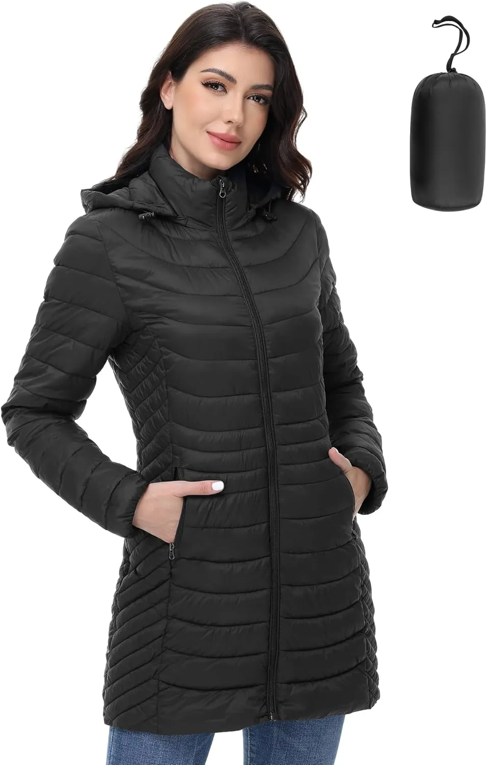MIDNIGHTSUN Womens Packable Puffer Jacket Lightweight Puffer Coat Mid-length Hooded Warm Winter Puffy Jacket