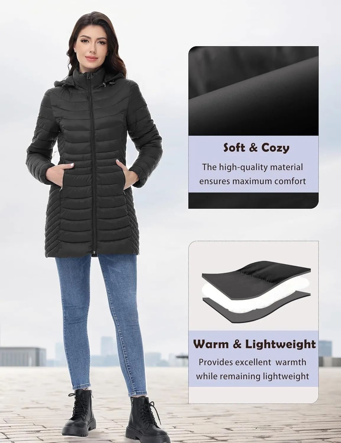 MIDNIGHTSUN Womens Packable Puffer Jacket Lightweight Puffer Coat Mid-length Hooded Warm Winter Puffy Jacket