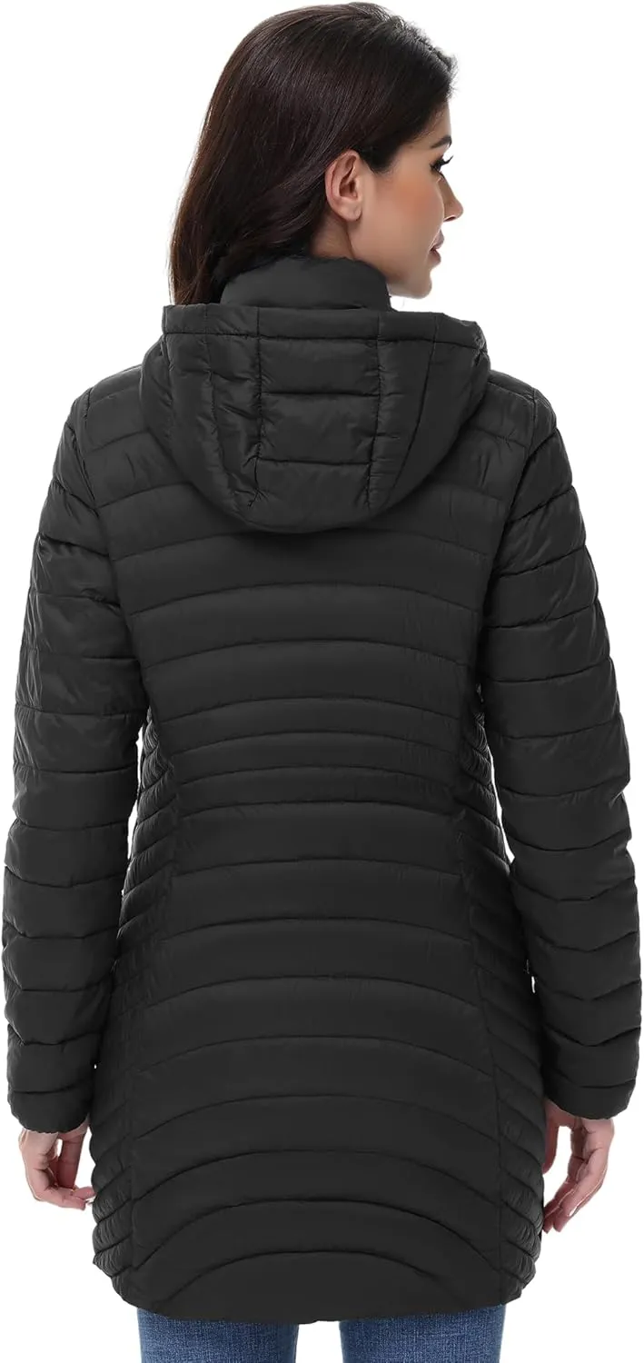 MIDNIGHTSUN Womens Packable Puffer Jacket Lightweight Puffer Coat Mid-length Hooded Warm Winter Puffy Jacket