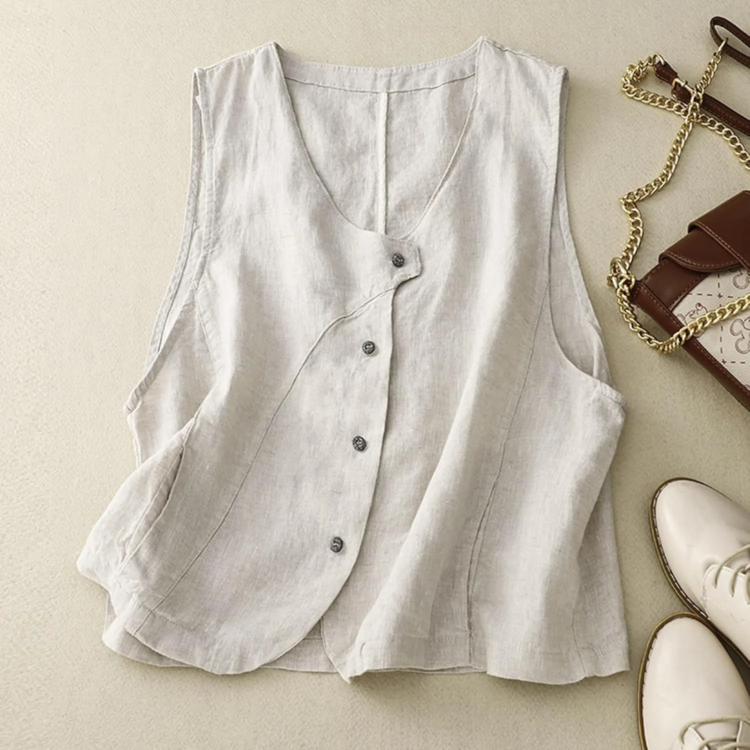 MINTLIMIT Women's Linen Vest Summer Sleeveless Scoop Neck Waistcoat Lightweight Work Casual Cotton Blazer Vest