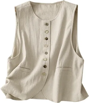MINTLIMIT Women's Linen Vest Summer Sleeveless Scoop Neck Waistcoat Lightweight Work Casual Cotton Blazer Vest