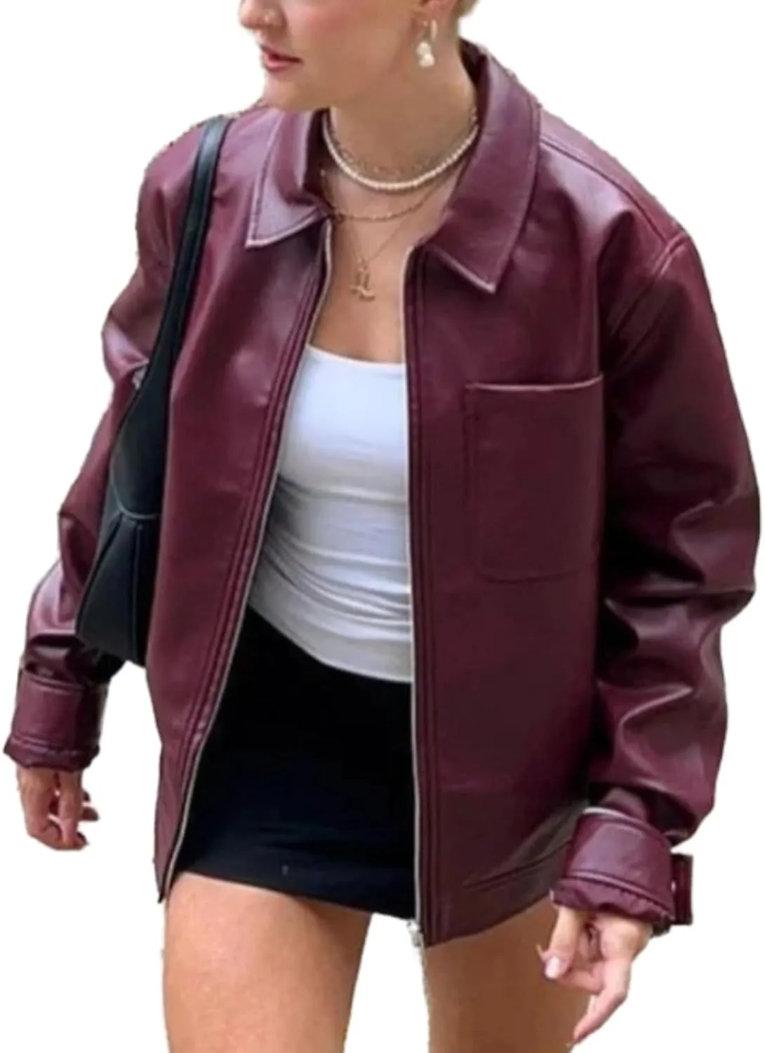 Molilove Womens Faux Leather Jacket Oversized PU Jacket Coat Fall Winter Outfits for Women 2024