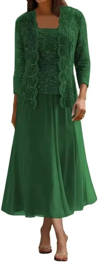 Mother of The Bride Dresses Chiffon Long Evening Formal Dress Wedding Guest Groom Dress Sequins Lace Jacket