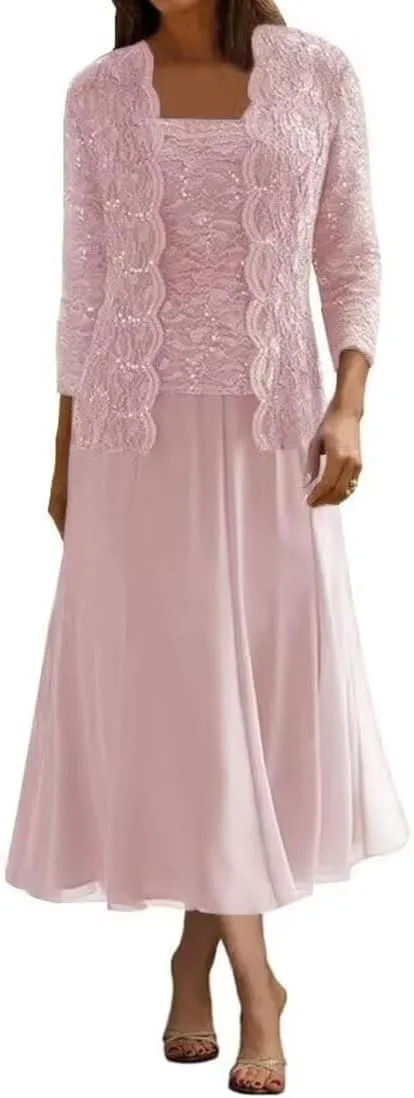 Mother of The Bride Dresses Chiffon Long Evening Formal Dress Wedding Guest Groom Dress Sequins Lace Jacket