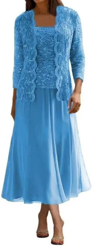 Mother of The Bride Dresses Chiffon Long Evening Formal Dress Wedding Guest Groom Dress Sequins Lace Jacket