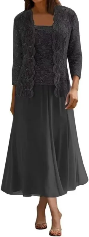 Mother of The Bride Dresses Chiffon Long Evening Formal Dress Wedding Guest Groom Dress Sequins Lace Jacket