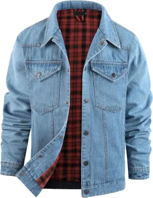 Mr.Stream Men's Snap Jean Jacket Western Cowboy Plaid Flannel Lined Work Denim Trucker Jackets