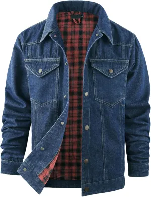 Mr.Stream Men's Snap Jean Jacket Western Cowboy Plaid Flannel Lined Work Denim Trucker Jackets