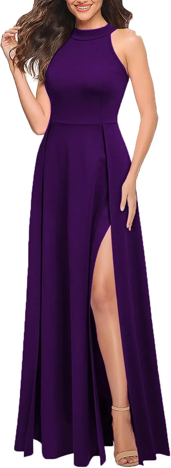 MUSHARE Women's Halter Neck Sexy Split Cocktail Party Maxi Long Formal Dress