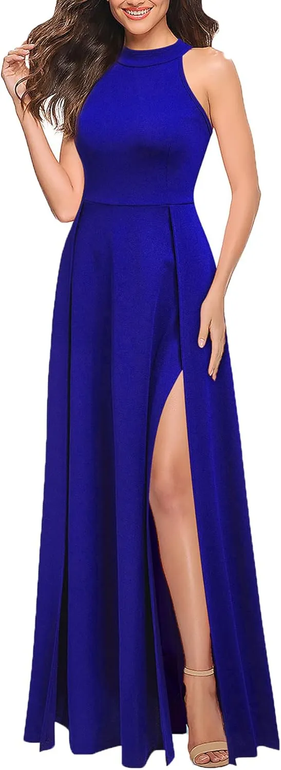 MUSHARE Women's Halter Neck Sexy Split Cocktail Party Maxi Long Formal Dress