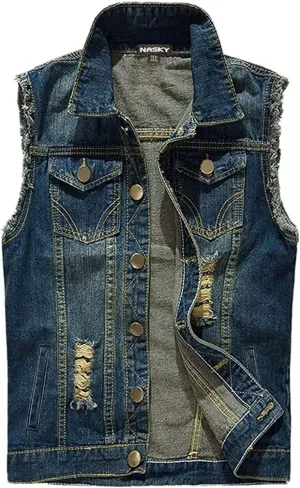 NASKY Men's Fit Retro Ripped Denim Vest Sleeveless Jean Vest and Jacket