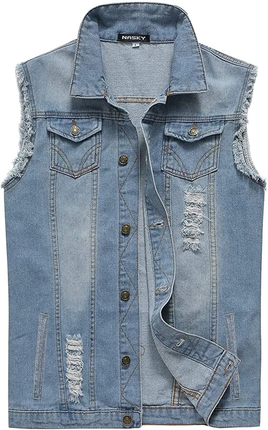 NASKY Men's Fit Retro Ripped Denim Vest Sleeveless Jean Vest and Jacket