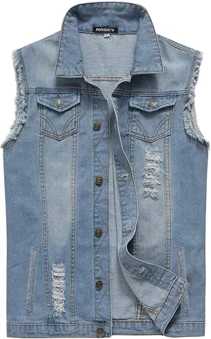 NASKY Men's Fit Retro Ripped Denim Vest Sleeveless Jean Vest and Jacket