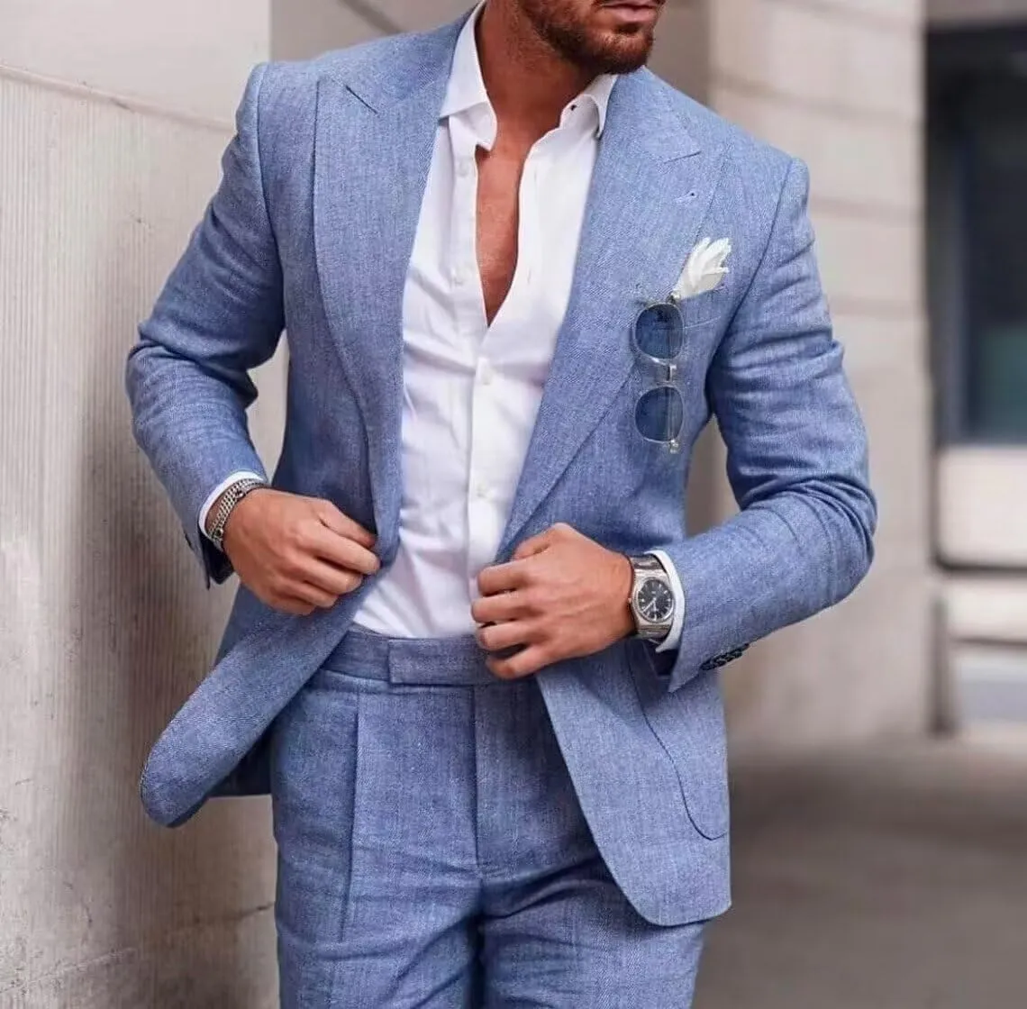 Netsky 2 Piece Linen Suits for Men Summer Beach Wedding Suit Groomsmen Prom Casual Tuxedo Blazer Jacket Pants Set