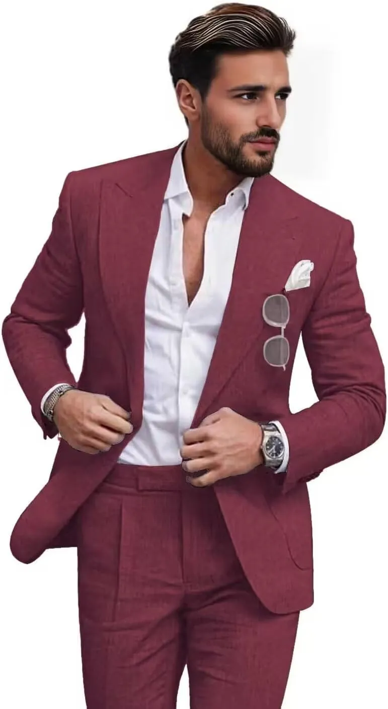 Netsky 2 Piece Linen Suits for Men Summer Beach Wedding Suit Groomsmen Prom Casual Tuxedo Blazer Jacket Pants Set