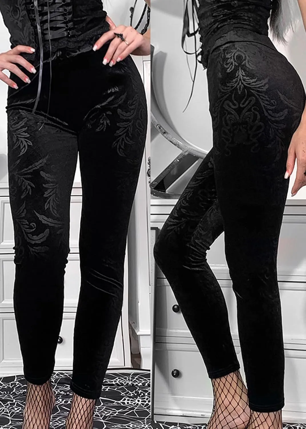 Nihsatin Gothic Punk Velvet Skinny Pants for Women High Waist Jacquard Stretch Leggings