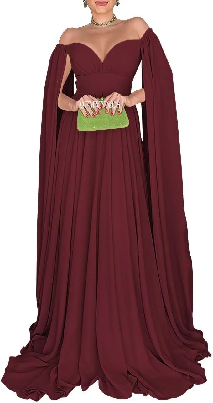 Off Shoulder Prom Dresses with Cape Sleeve for Women Elegant Formal Evening Gowns A-Line Wedding Guest Dress