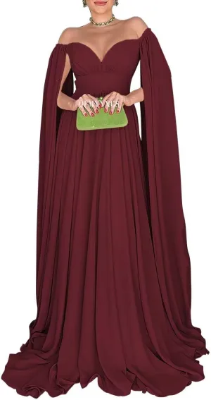 Off Shoulder Prom Dresses with Cape Sleeve for Women Elegant Formal Evening Gowns A-Line Wedding Guest Dress