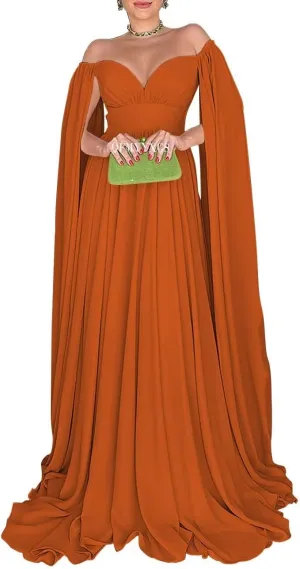 Off Shoulder Prom Dresses with Cape Sleeve for Women Elegant Formal Evening Gowns A-Line Wedding Guest Dress