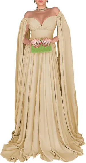 Off Shoulder Prom Dresses with Cape Sleeve for Women Elegant Formal Evening Gowns A-Line Wedding Guest Dress