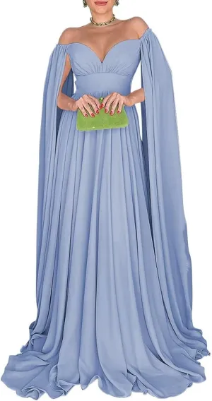 Off Shoulder Prom Dresses with Cape Sleeve for Women Elegant Formal Evening Gowns A-Line Wedding Guest Dress
