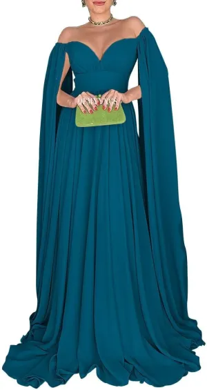 Off Shoulder Prom Dresses with Cape Sleeve for Women Elegant Formal Evening Gowns A-Line Wedding Guest Dress