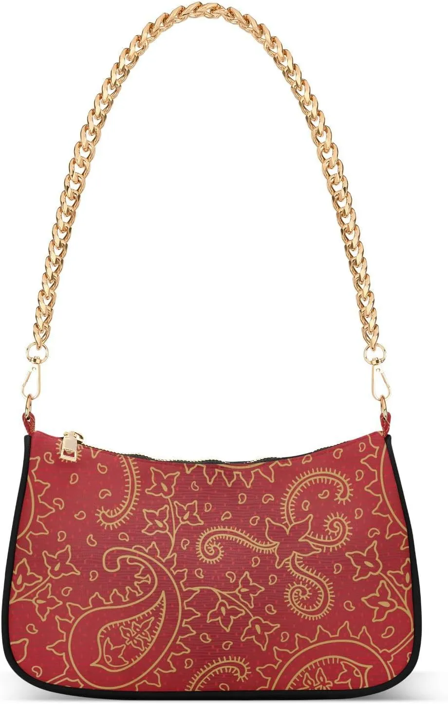 Ornate Floral Seamless Red Shoulder Handbags for Women Travel Hobo Tote Handbag Women Gold Chain Shoulder Bags Purse with Zipper Closure