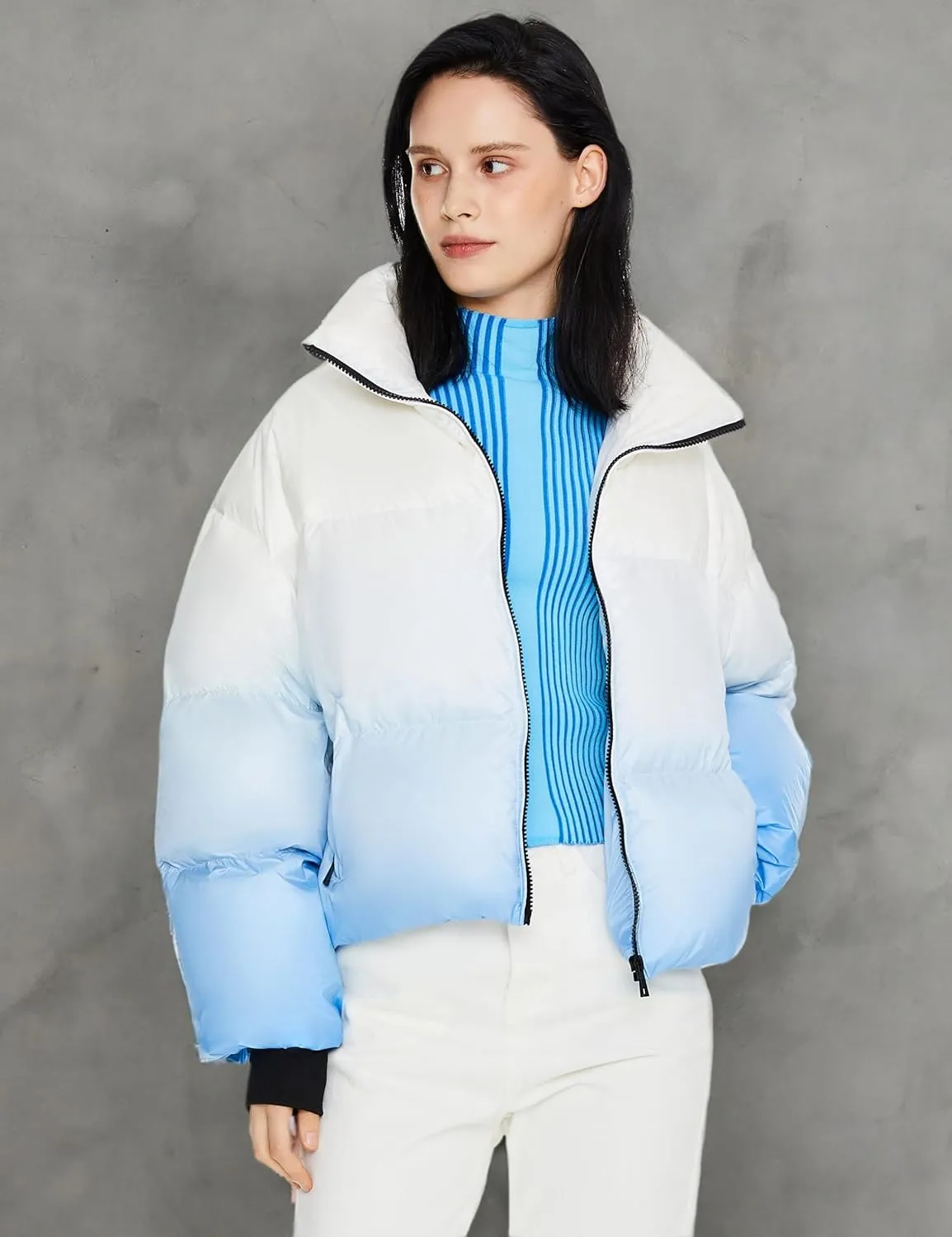 Orolay Women's Cropped Puffer Jacket - Stand Collar Gradient Effect Short Down Coat