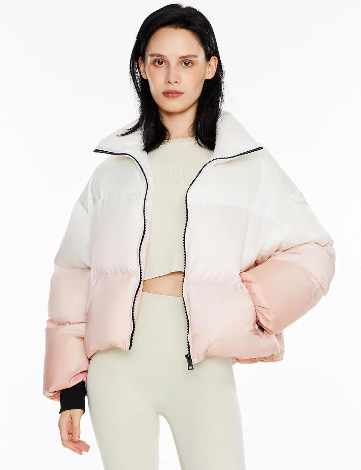 Orolay Women's Cropped Puffer Jacket - Stand Collar Gradient Effect Short Down Coat